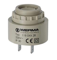 Buzzer 119 230vAC Cont./Puls Tone 90dB(A) IP30 øM28 Panel Mount